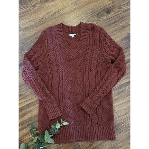 LL Bean Sweater Womens Small Mineral Red Signature Fishermans Tunic Cable Knit - Picture 1 of 5